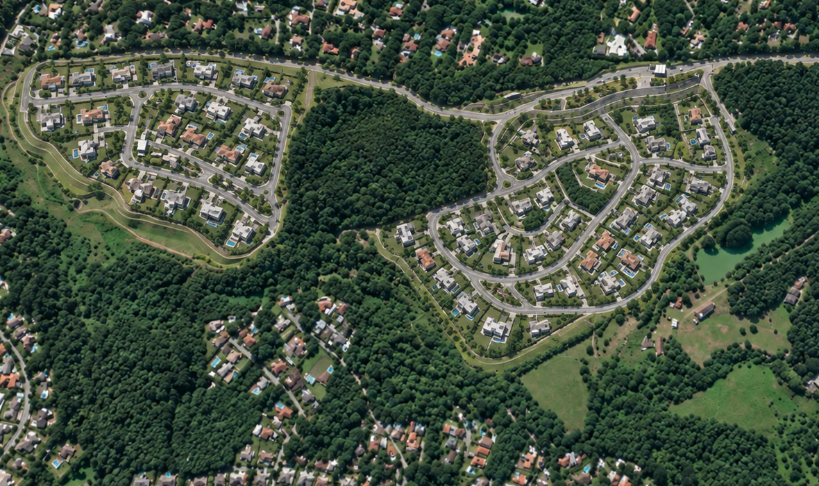 Perspectiva aérea de loteamento residencial planejado entre áreas de mata